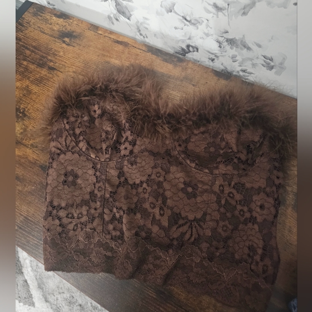 Brown Lace Tube Top with Fur Trim